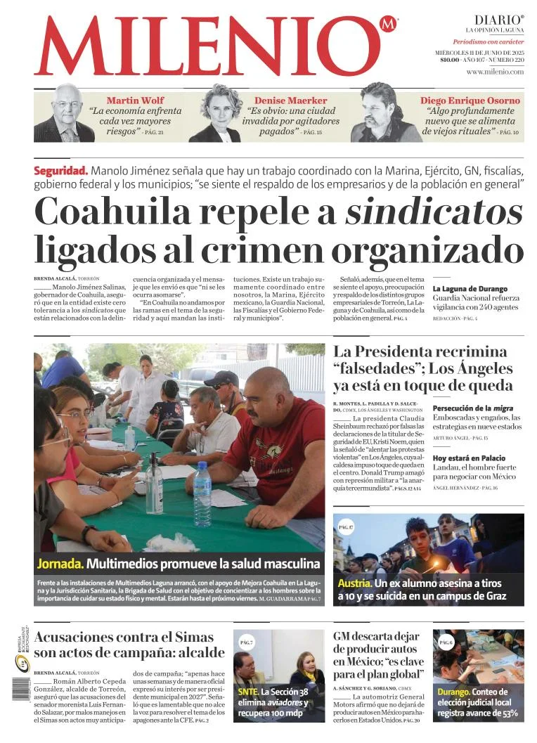 Portada de Milenio Laguna del miércoles, 11 de junio de 2025