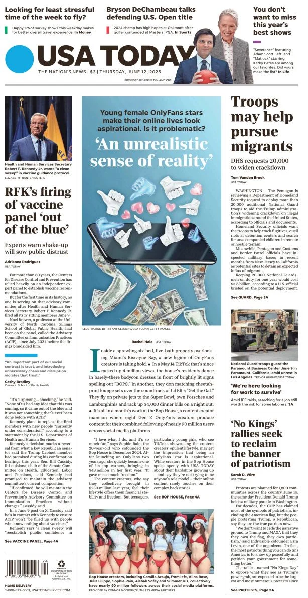 Portada de Usa Today del jueves, 12 de junio de 2025