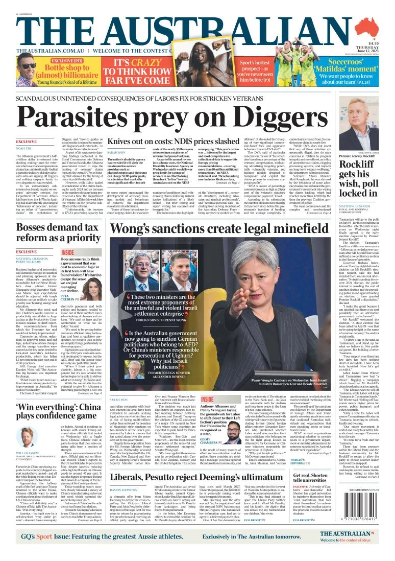 Portada de The Australian del jueves, 12 de junio de 2025