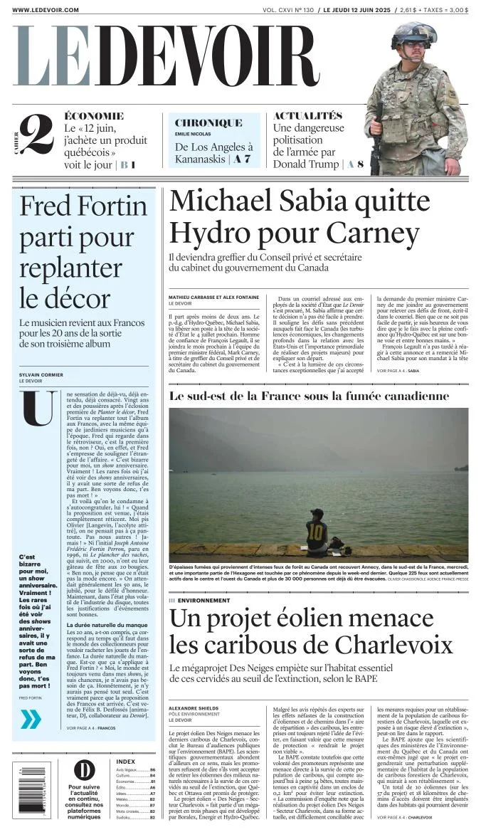 Portada de Le Devoir del jueves, 12 de junio de 2025