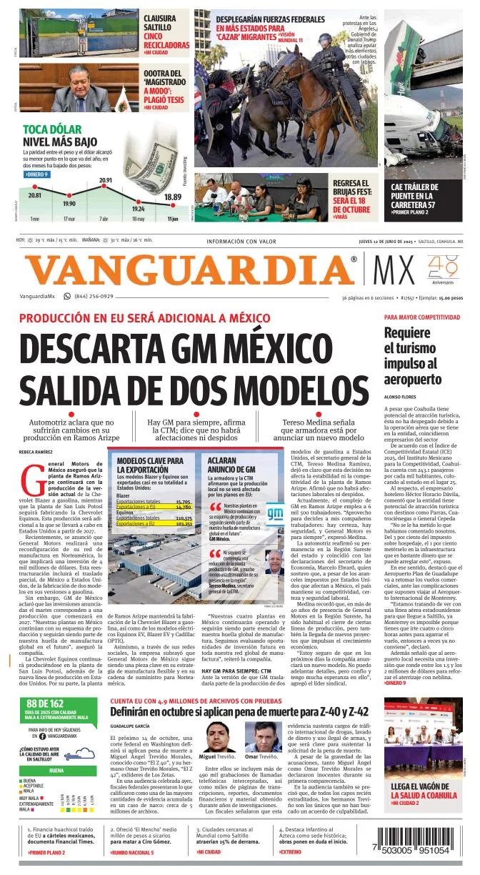 Portada de Vanguardia del jueves, 12 de junio de 2025