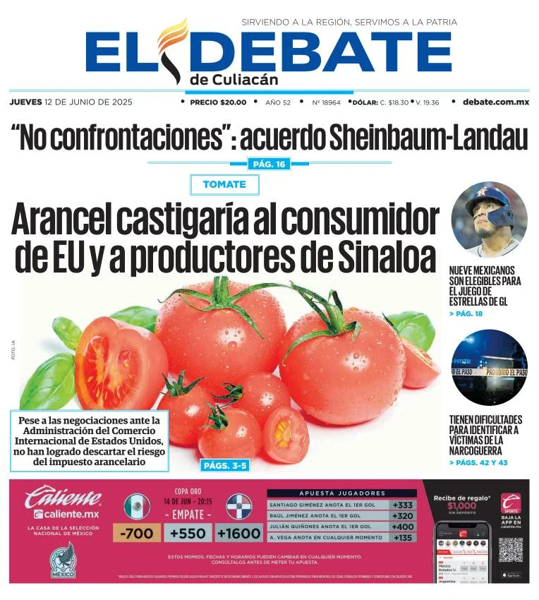 Portada de El Debate de Culiacan del jueves, 12 de junio de 2025