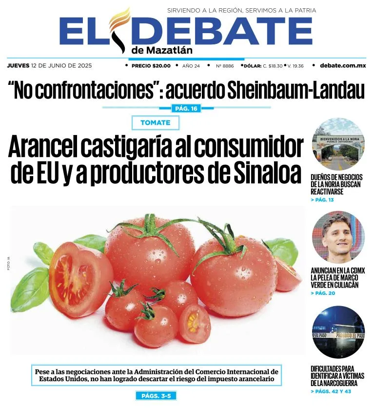 Portada de El Debate de Mazatlan del jueves, 12 de junio de 2025