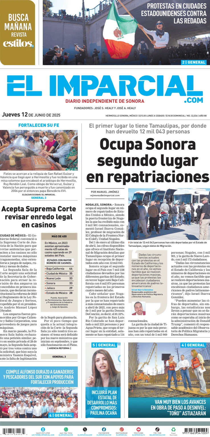 Portada de El Imparcial del jueves, 12 de junio de 2025