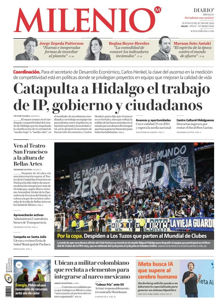 Portada de Milenio Hidalgo del jueves, 12 de junio de 2025