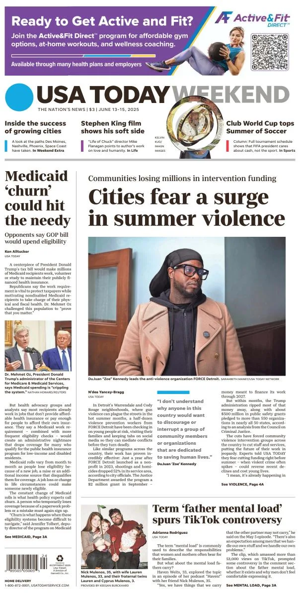 Portada de Usa Today del viernes, 13 de junio de 2025