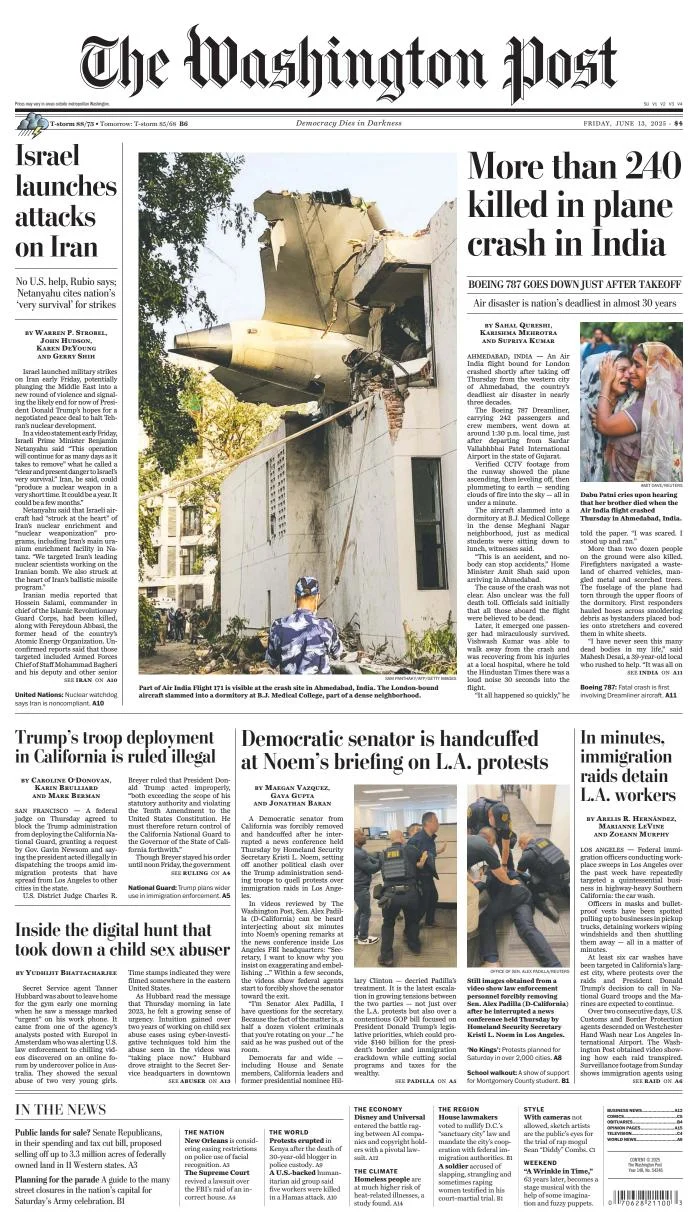 Portada de The Washington Post del viernes, 13 de junio de 2025