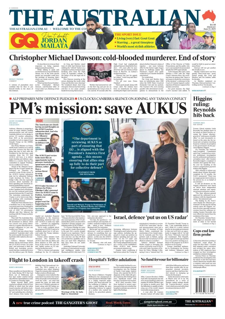 Portada de The Australian del viernes, 13 de junio de 2025