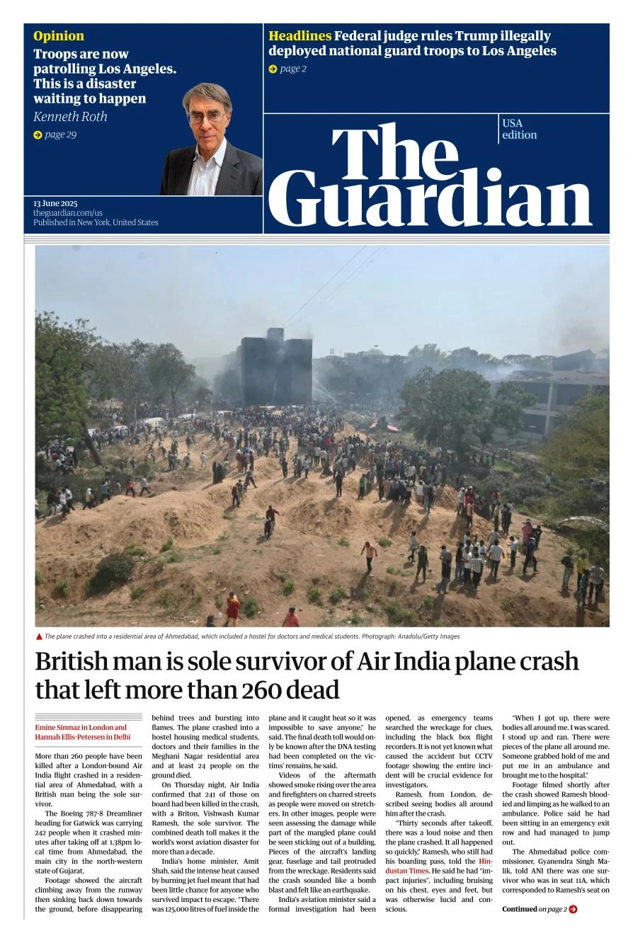 Portada de The Guardian (usa) del viernes, 13 de junio de 2025