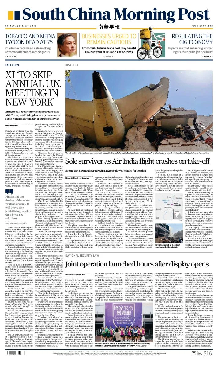 Portada de South China Morning Post del viernes, 13 de junio de 2025