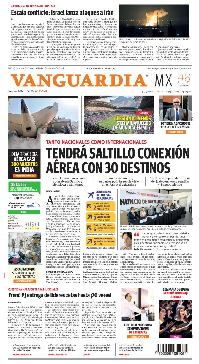 Portada de Vanguardia del viernes, 13 de junio de 2025
