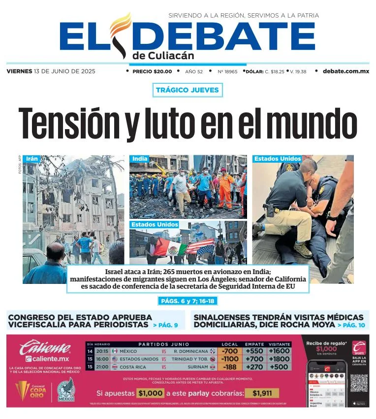 Portada de El Debate de Culiacan del viernes, 13 de junio de 2025