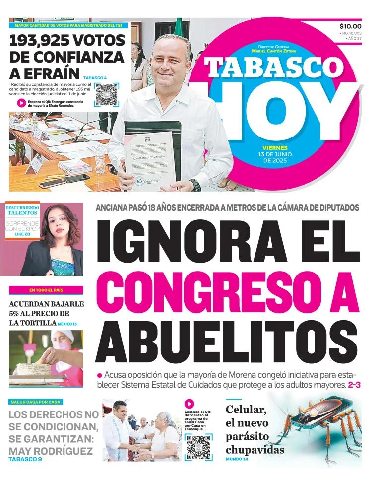 Portada de Tabasco Hoy del viernes, 13 de junio de 2025