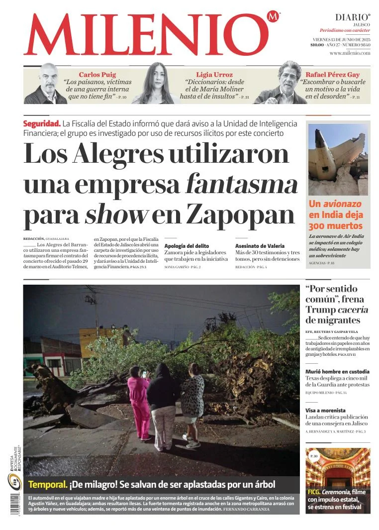 Portada de Milenio Jalisco del viernes, 13 de junio de 2025