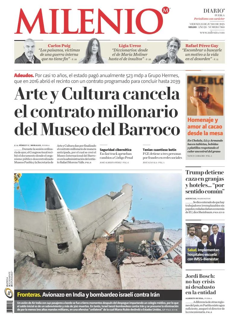 Portada de Milenio Puebla del viernes, 13 de junio de 2025