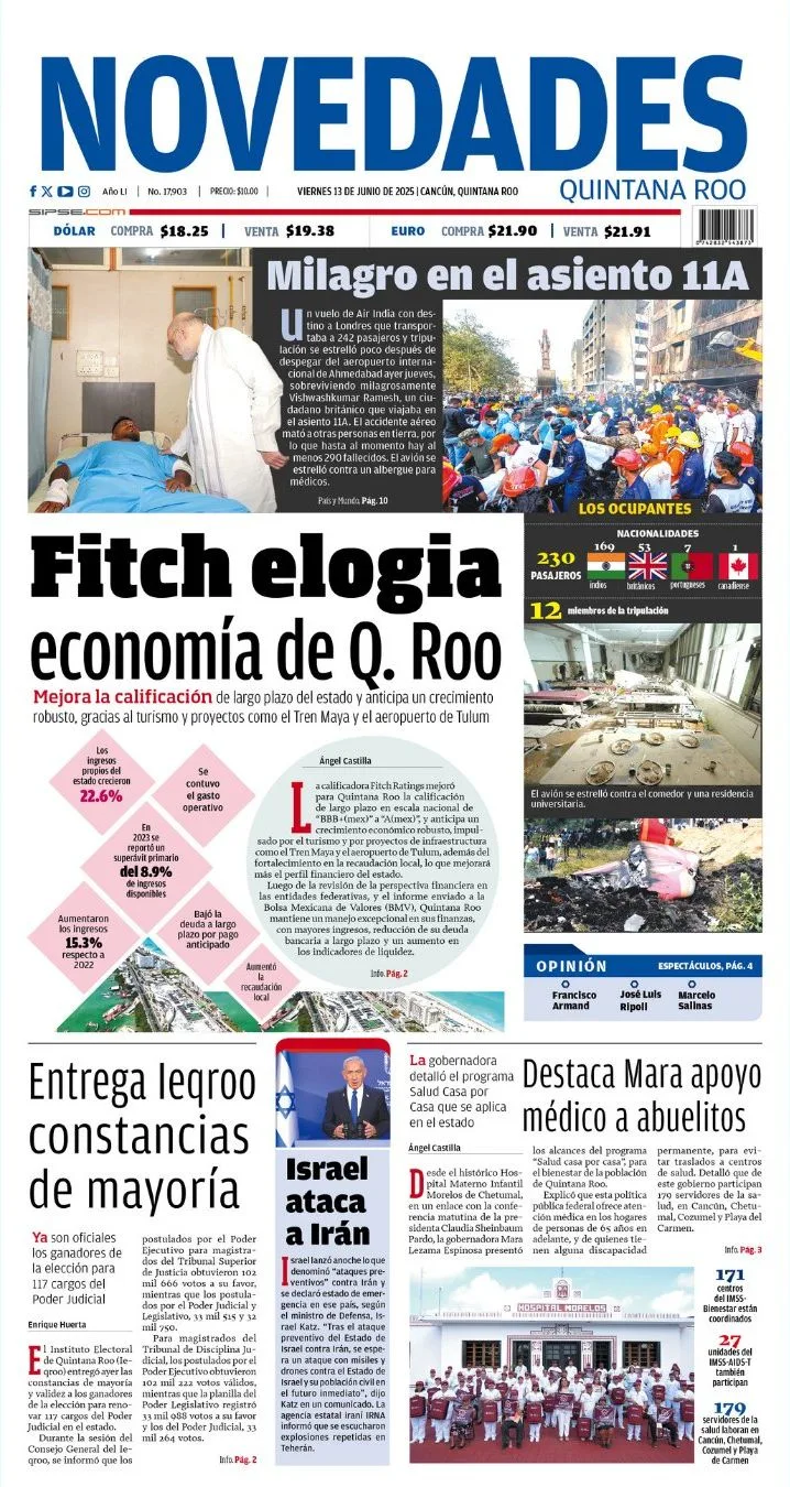 Portada de Novedades Quintana Roo del viernes, 13 de junio de 2025