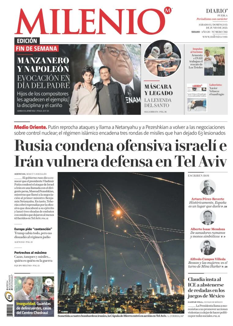 Portada de Milenio Puebla del sábado, 14 de junio de 2025