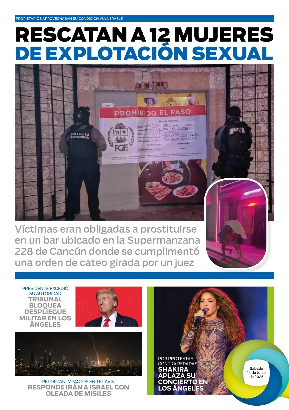 Portada de El Quintana Roo (contraportada) del sábado, 14 de junio de 2025