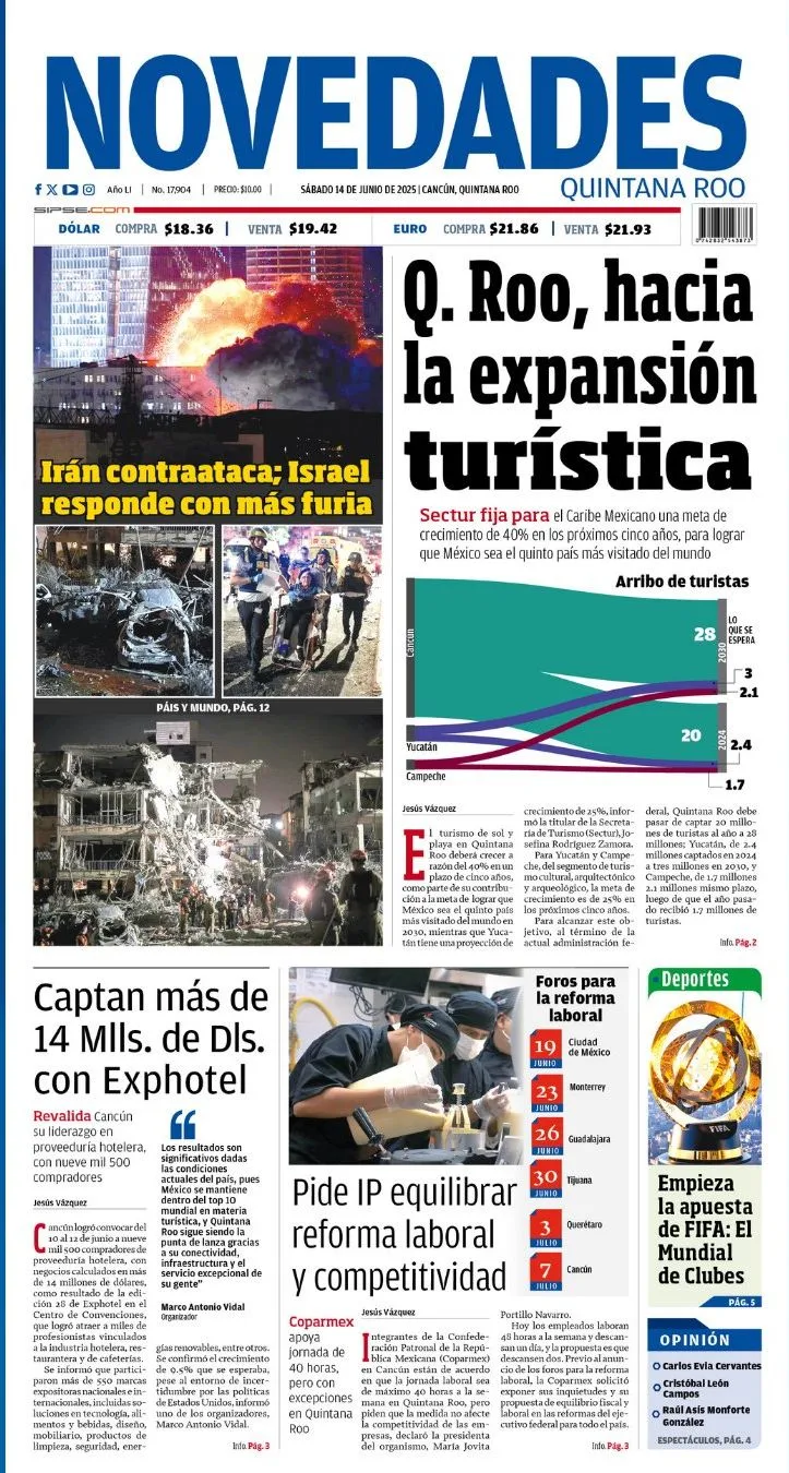 Portada de Novedades Quintana Roo del sábado, 14 de junio de 2025