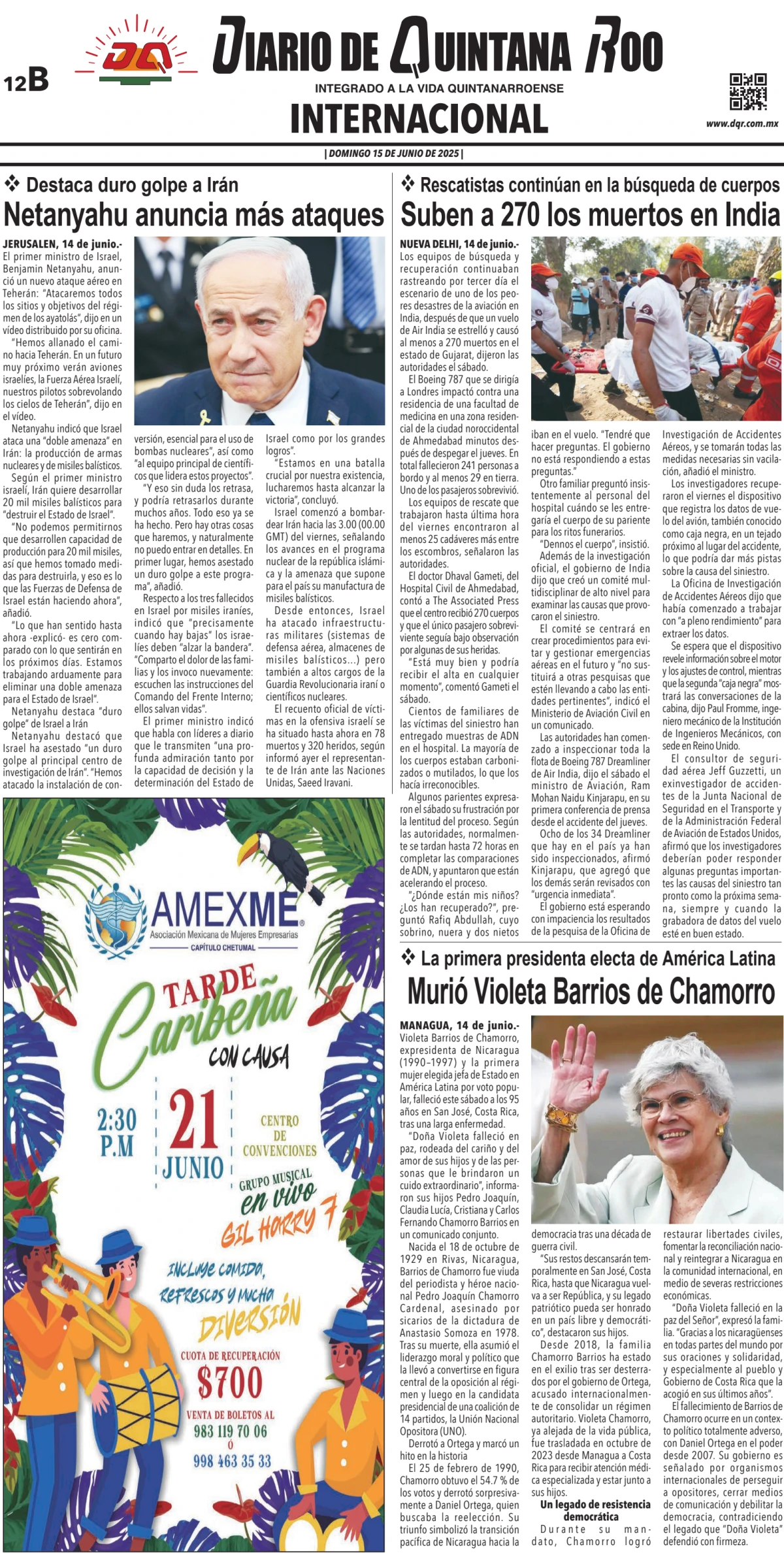 Portada de Diario de Quintana Roo (contra Portada) del domingo, 15 de junio de 2025