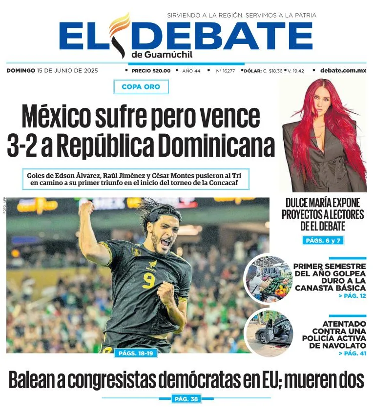 Portada de El Debate de Guamuchil del domingo, 15 de junio de 2025