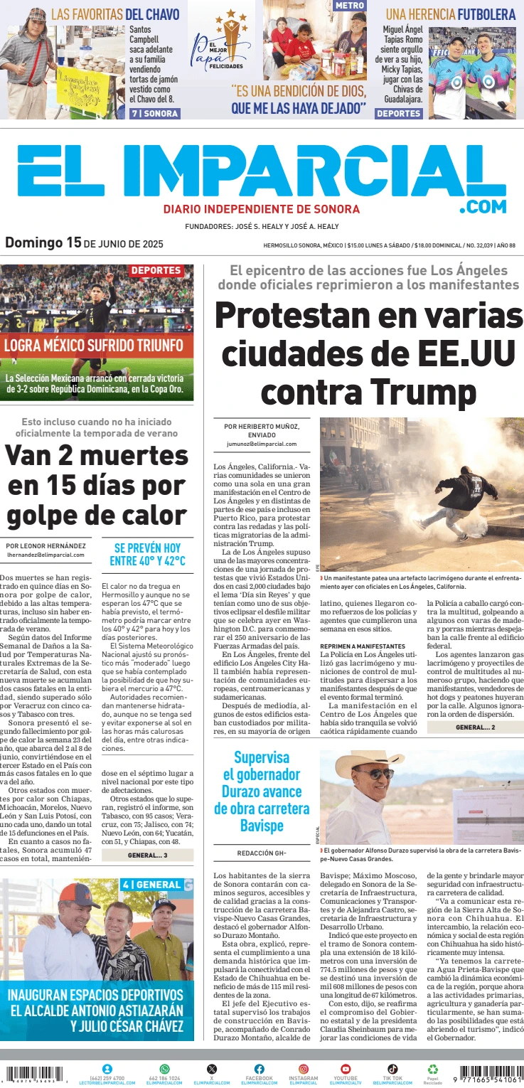 Portada de El Imparcial del domingo, 15 de junio de 2025
