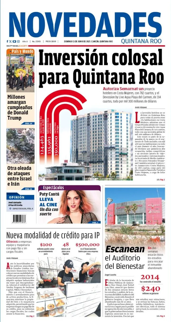 Portada de Novedades Quintana Roo del domingo, 15 de junio de 2025