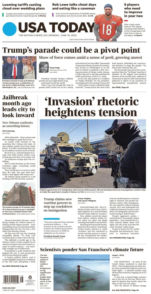 Portada de Usa Today del lunes, 16 de junio de 2025