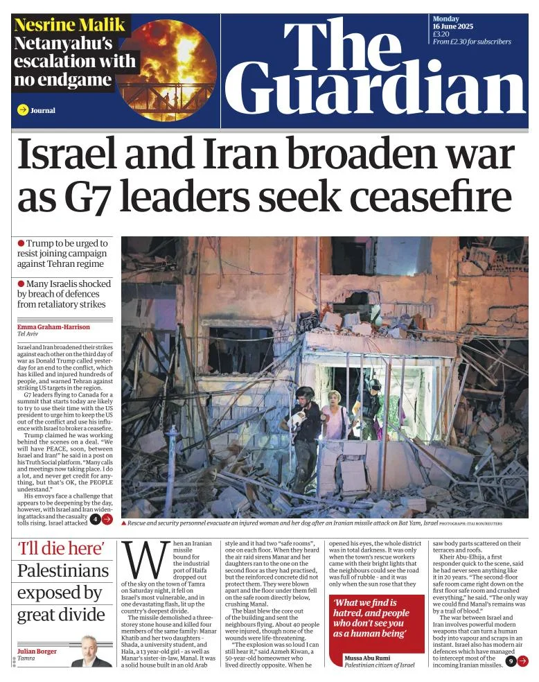 Portada de The Guardian (reino Unido) del lunes, 16 de junio de 2025