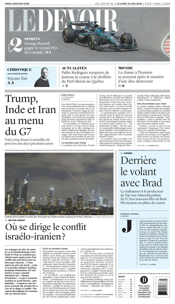 Portada de Le Devoir del lunes, 16 de junio de 2025