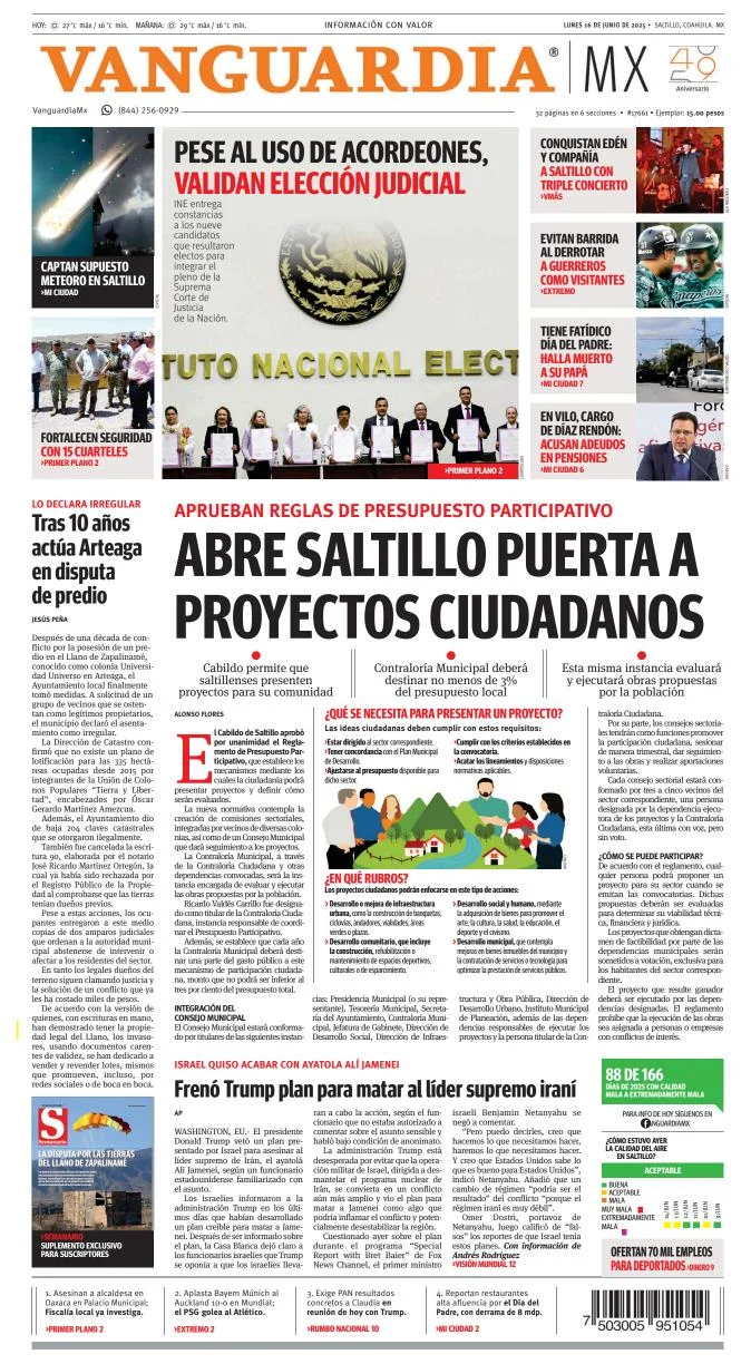 Portada de Vanguardia del lunes, 16 de junio de 2025