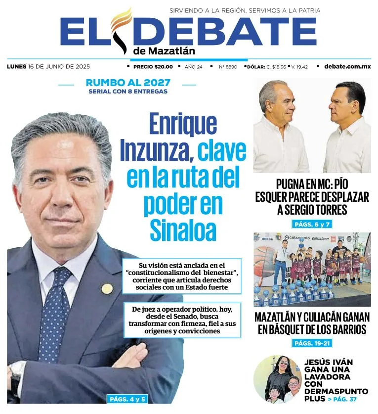 Portada de El Debate de Mazatlan del lunes, 16 de junio de 2025