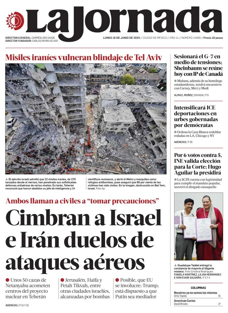 Portada de La Jornada del lunes, 16 de junio de 2025