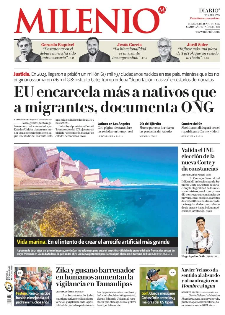 Portada de Milenio Tamaulipas del lunes, 16 de junio de 2025