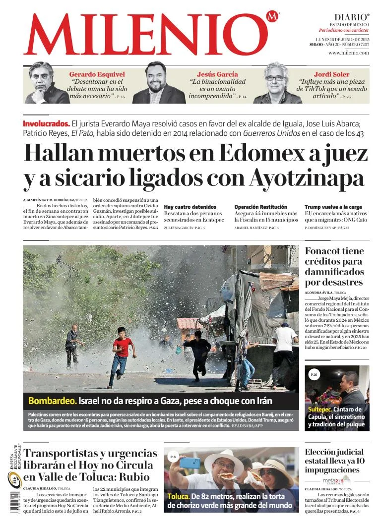 Portada de Milenio Edo de Mexico del lunes, 16 de junio de 2025