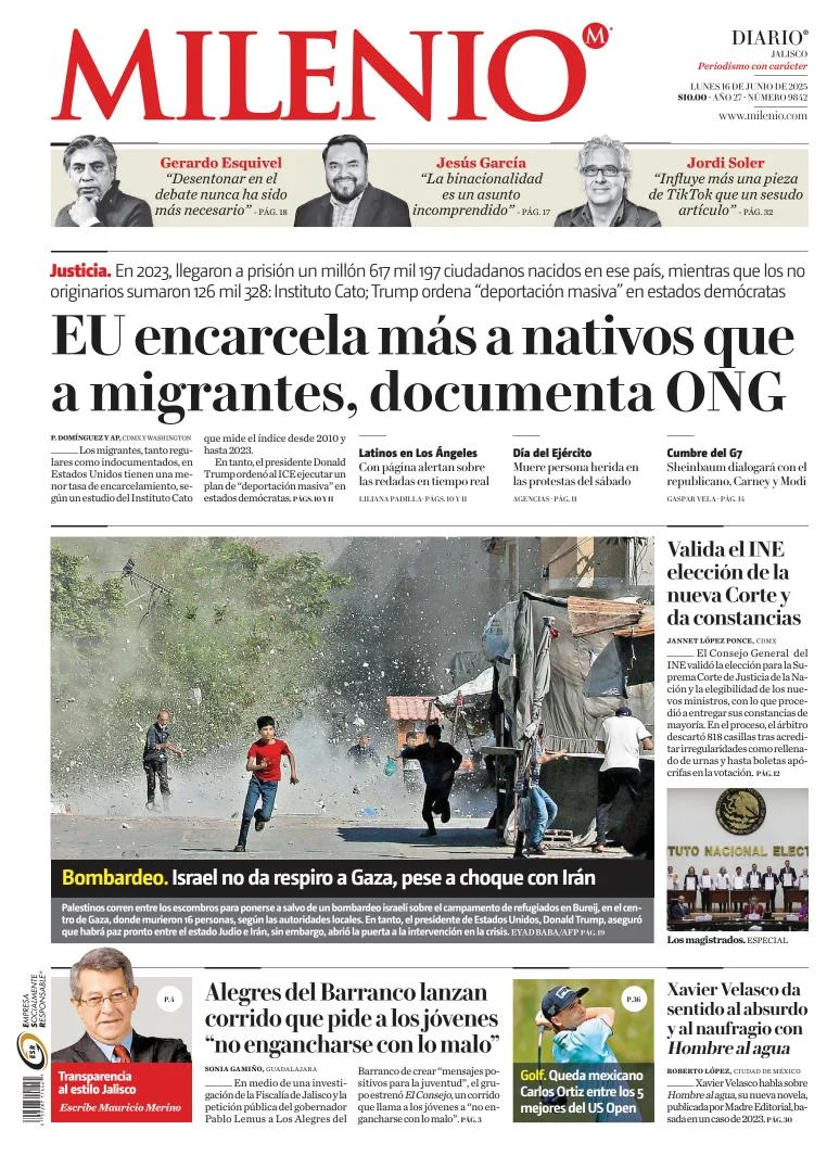 Portada de Milenio Jalisco del lunes, 16 de junio de 2025