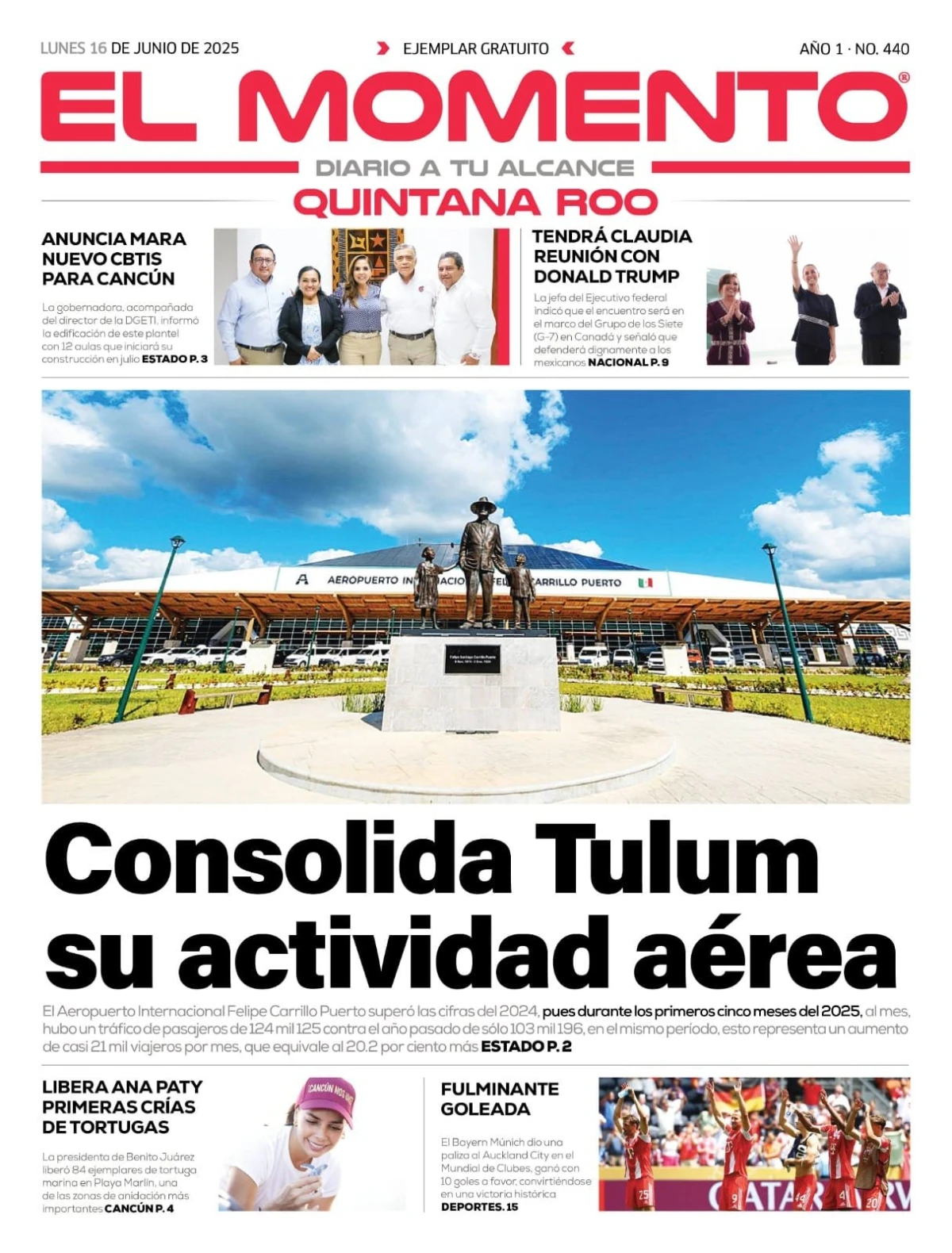 Portada de El Momento Quintana Roo del lunes, 16 de junio de 2025