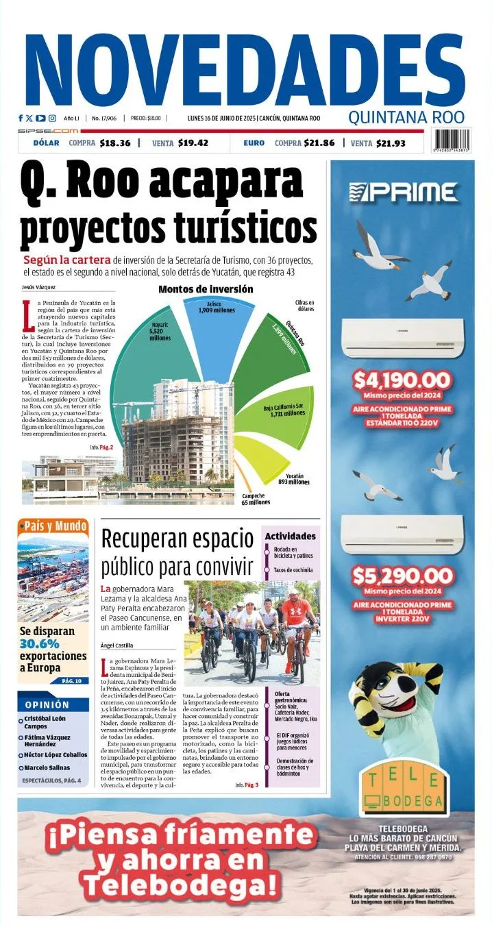 Portada de Novedades Quintana Roo del lunes, 16 de junio de 2025