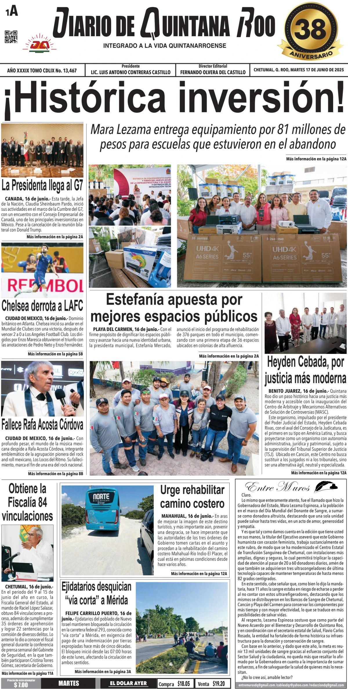 Portada de Diario de Quintana Roo (portada) del martes, 17 de junio de 2025