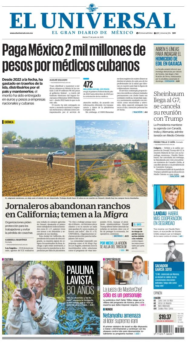 Portada de El Universal del martes, 17 de junio de 2025