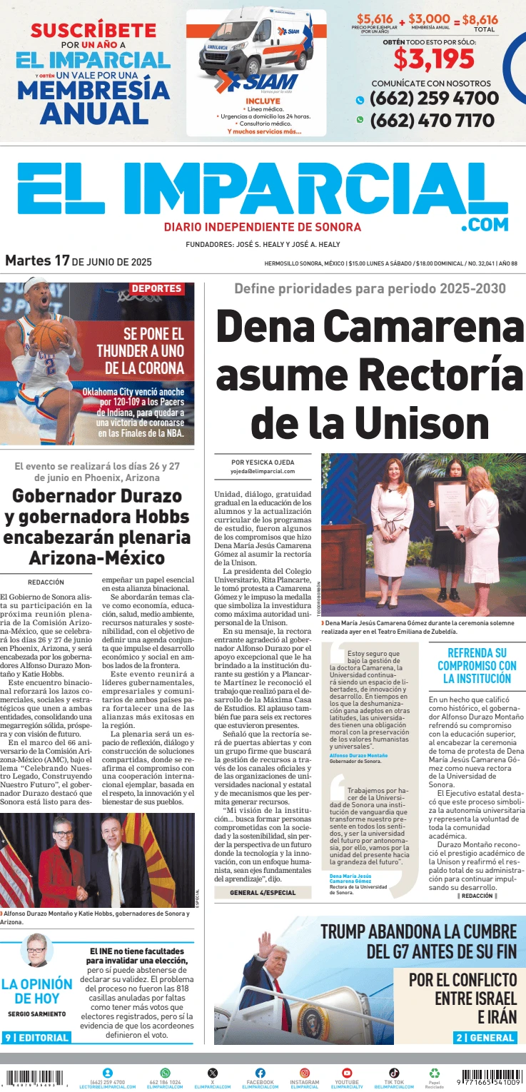 Portada de El Imparcial del martes, 17 de junio de 2025