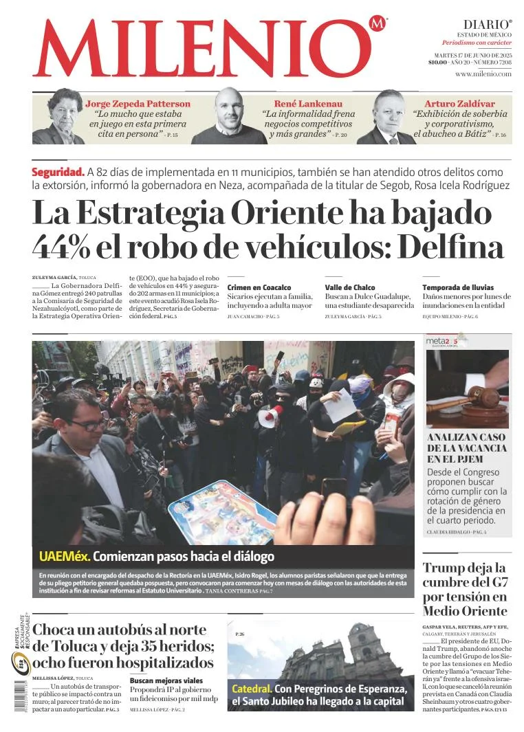 Portada de Milenio Edo de Mexico del martes, 17 de junio de 2025