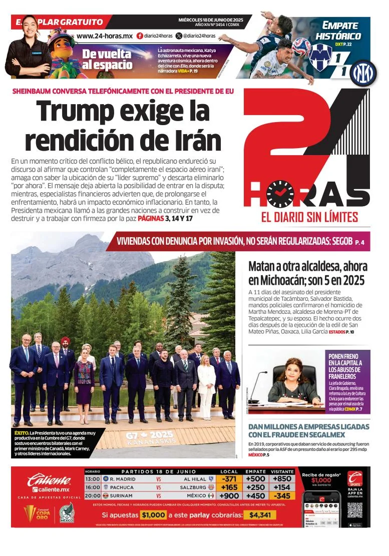 Portada de 24 Horas del miércoles, 18 de junio de 2025