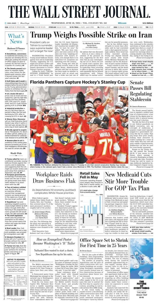 Portada de The Wall Street Journal del miércoles, 18 de junio de 2025