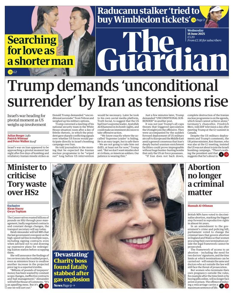 Portada de The Guardian (reino Unido) del miércoles, 18 de junio de 2025