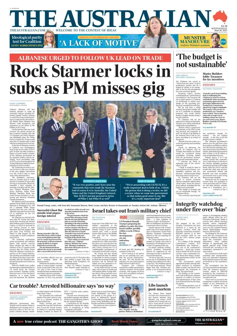 Portada de The Australian del miércoles, 18 de junio de 2025
