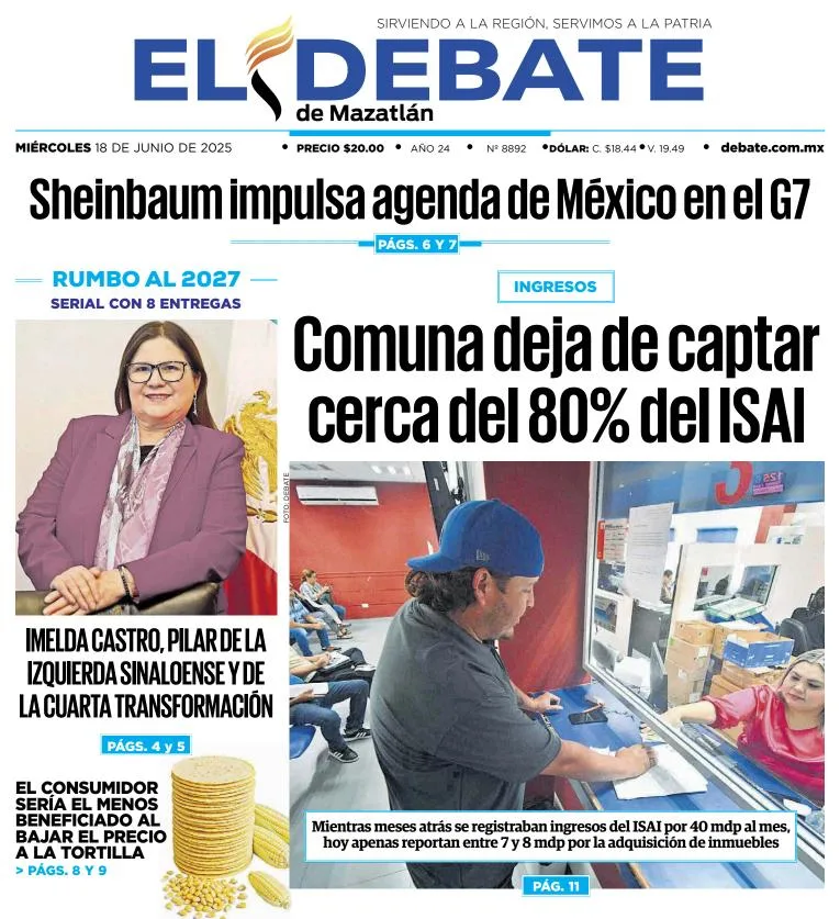 Portada de El Debate de Mazatlan del miércoles, 18 de junio de 2025