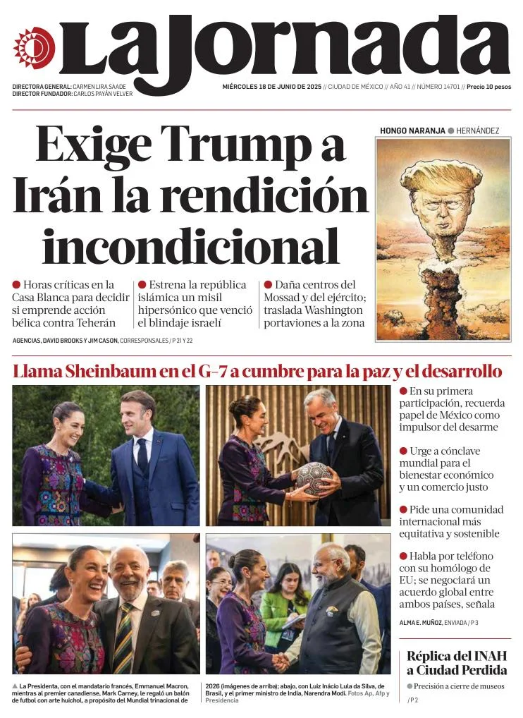 Portada de La Jornada del miércoles, 18 de junio de 2025