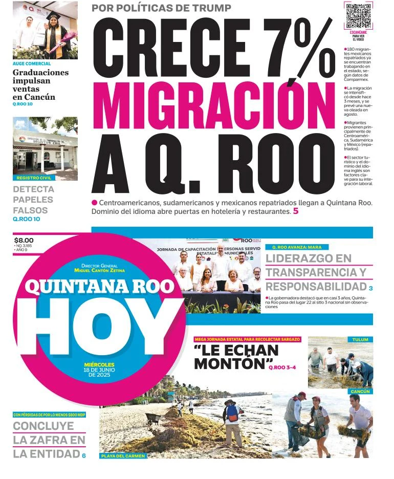 Portada de Quintana Roo Hoy del miércoles, 18 de junio de 2025