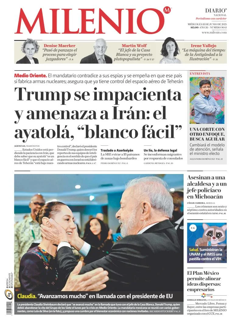 Portada de Milenio del miércoles, 18 de junio de 2025